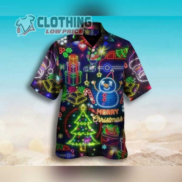 Christmas Bright Neon Lighting Hawaiian Shirt, Santa Claus Xmas Hawaii Shirt, Santa Beach Shirt, Christmas Gift
