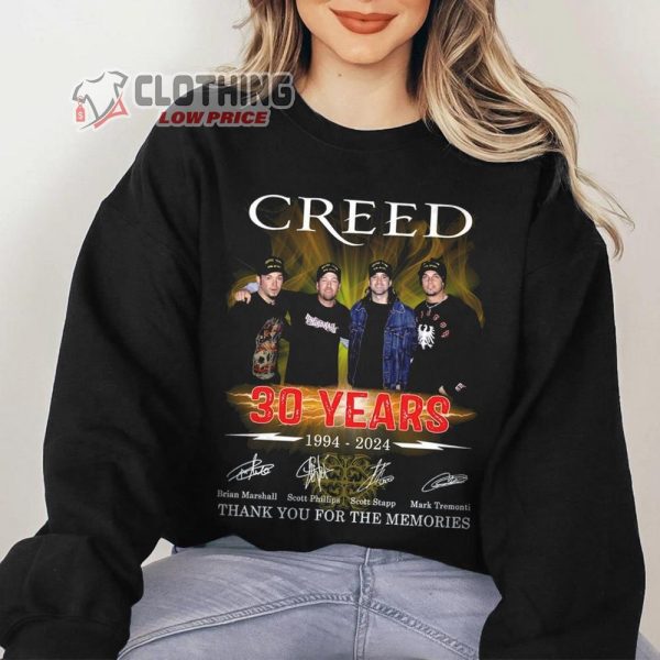 Creed Band Tour 2024 Merch, Creed 30 Years 1994 – 2024 Thank You For The Memories Signatures T-Shirt