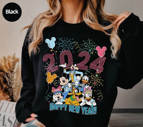 Cute Mickey And Friends Happy New Year 2024 Sweatshirt, Disney Balloon Family Shirt, New Year Crew shirt