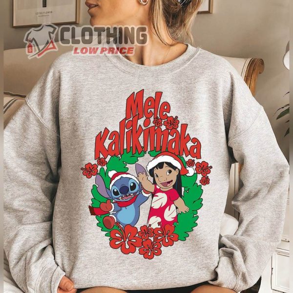 Disney Lilo And Stitch Christmas Mele Kalikimaka Wreath Shirt, Disneyland Christmas Family Matching Tee, Christmas 2023 Party Gift