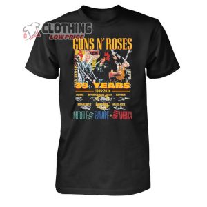 Gun N’ Roses Middle Fast Europe And North America Tour Merch, Gun N’ Roses 39 years 1985 – 2024 World Tour Signatures T-Shirt