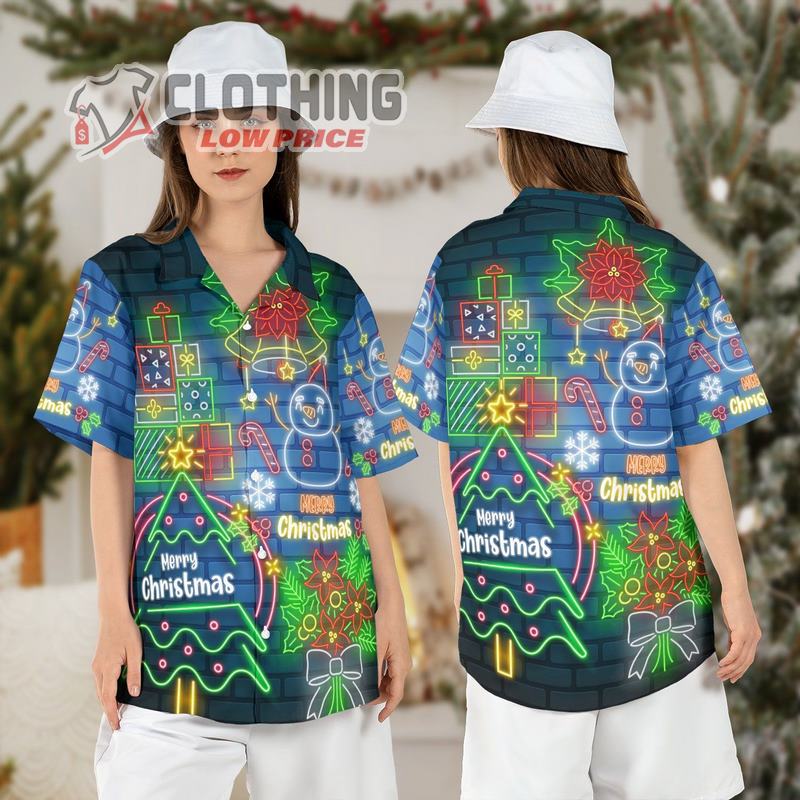 Merry Christmas Neon Hawaiian Shirt, Tropical Christmas Hawaii Shirt, Christmas Tree Neon Lightning Button Shirt