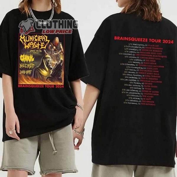 Municipal Waste Band Tour 2024 Merch, Municipal Waste Setlist 2024 Shirt, Municipal Waste Brainsqueeze Tour 2024 T-Shirt