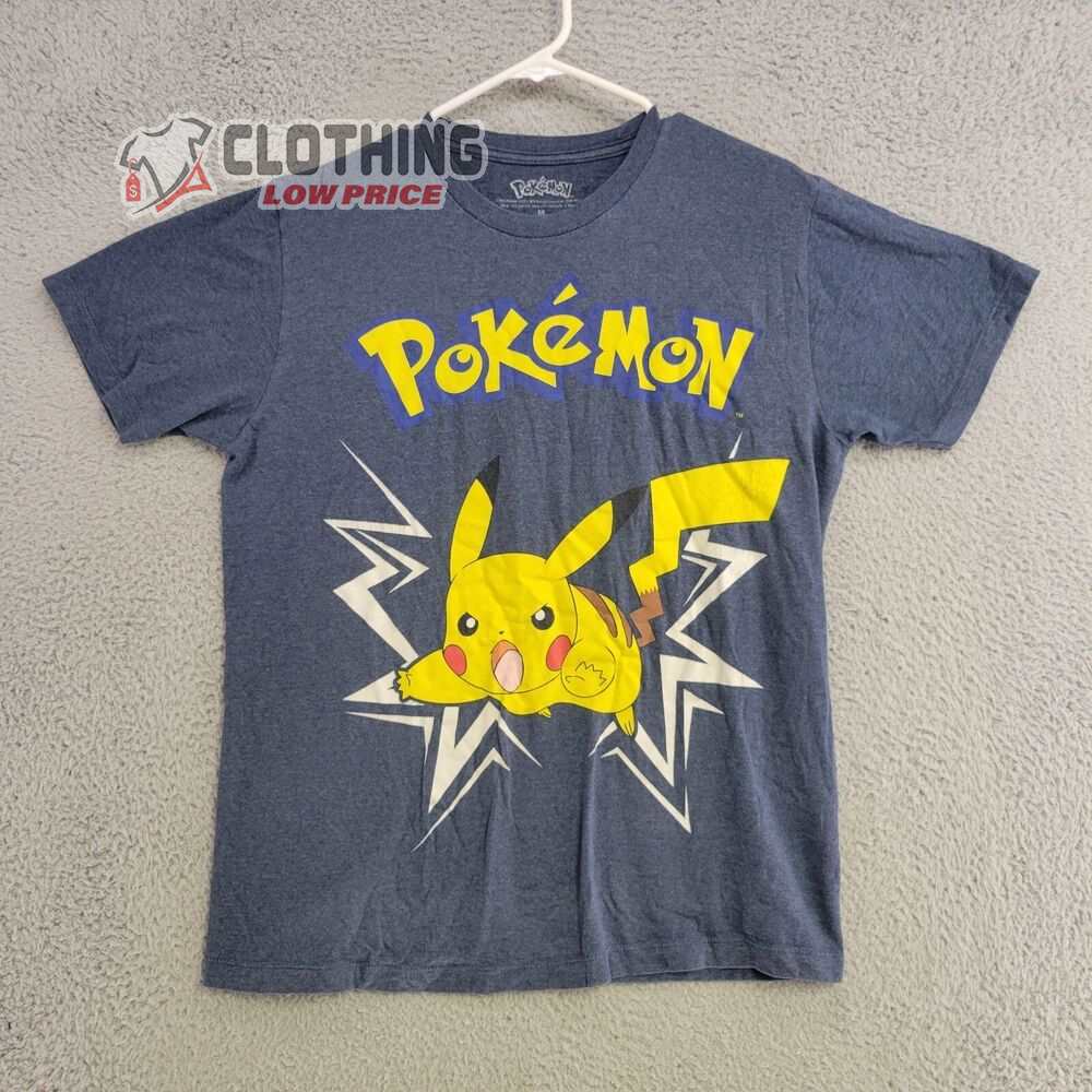 Pokemon Shirt Mens Medium Blue Short Sleeve Pikachu Big Print T Shirt Pokemon Inspired T-Shirt