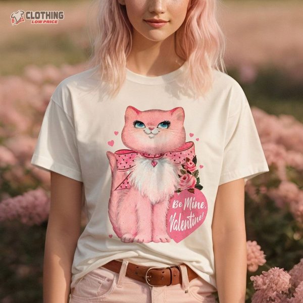 Pink Valentines Day Shirt For Cat Lover, Cute Crewneck Cottagecore Preppy Shirt