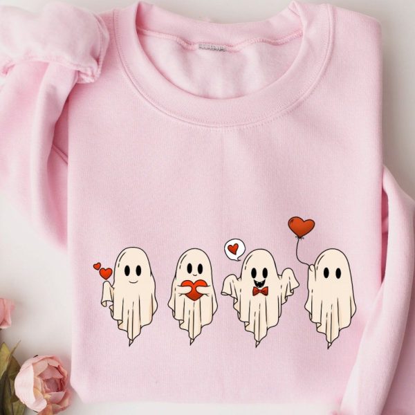 Valentine’S Day Ghost Sweatshirt, Ghosts With Hearts Sweater, Retro Ghost Valentine Shirt, Spooky Valentine Sweater