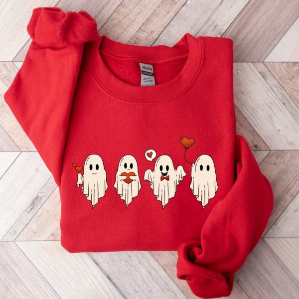 Valentine’S Day Ghost Sweatshirt, Ghosts With Hearts Sweater, Retro Ghost Valentine Shirt, Spooky Valentine Sweater