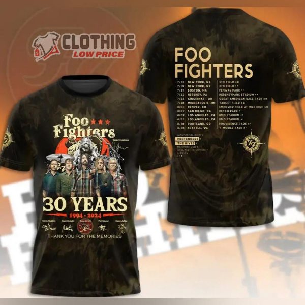 Foo Figheters Tour 2024 3D Merch, Foo Figheters Us Tour 3D Shirt 30 Years 2024 Gift For Fans