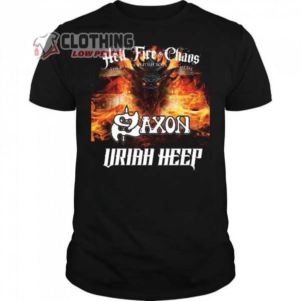 Hell Fire And Chaos The Best Of British Rock And Metal Saxon Uriah Heep USA Tour T-Shirt