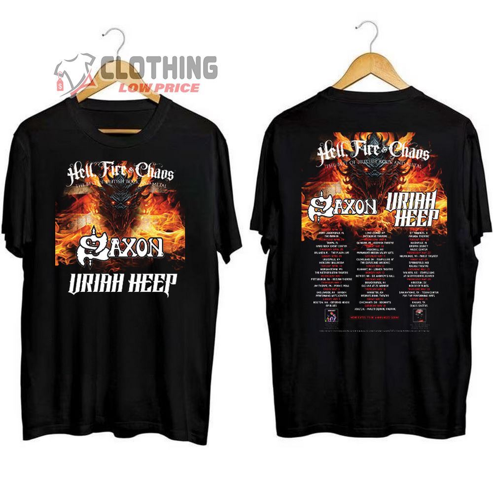 Saxon And Uriah Heep Tour 2024 US Merch, Hell Fire And Chaos The Best Of British Rock And Metal T-Shirt