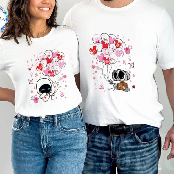Valentines Day Her Wall-E And His Eve T-Shirt, Disney Valentines Balloon Shirt