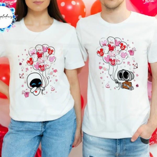 Valentines Day Her Wall-E And His Eve T-Shirt, Disney Valentines Balloon Shirt