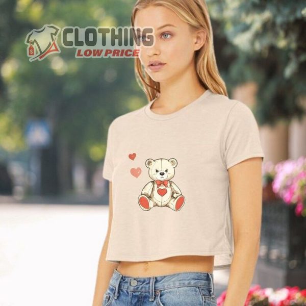 Vintage Charm  Cute Teddy Bear Crop Top For Valentine’S Day Hearts