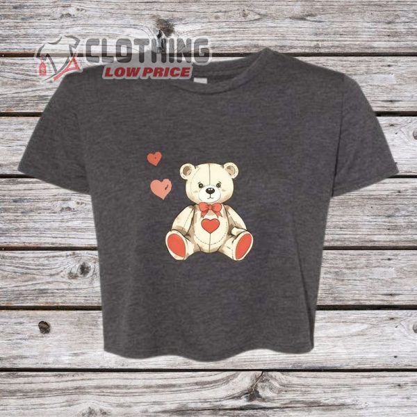 Vintage Charm  Cute Teddy Bear Crop Top For Valentine’S Day Hearts