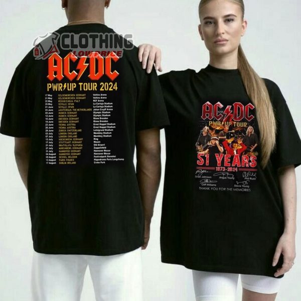 ACDC Rock Tour 2024 Pwr Up World Tour Merch, ACDC 51 Years 1973 – 2024 Thank You For The Memories Signatures T-Shirt