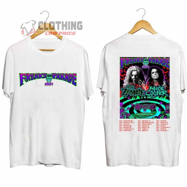 Rob Zombie And Alice Cooper Tour Dates 2024 Setlist Merch, Freaks On Parade 2024 Tour Shirt, Rob Zombie And Alice Cooper With Ministry And Filter T-Shirt