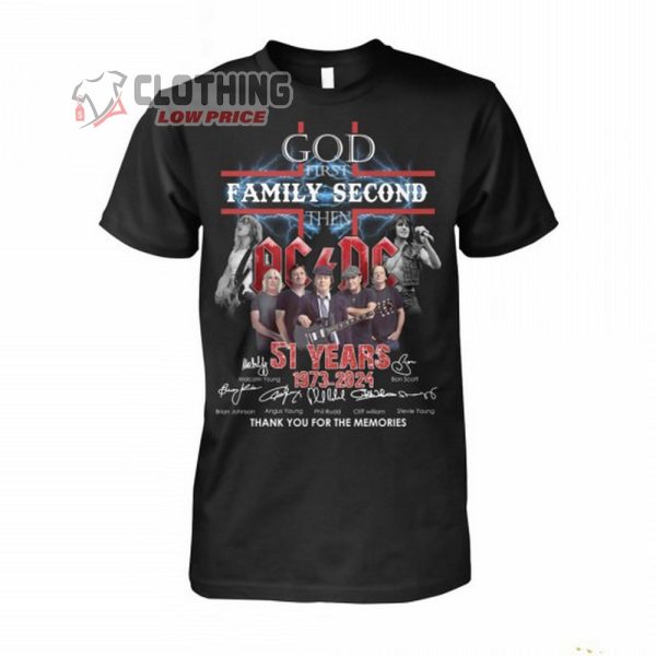 ACDC PWR Up Tour 2024 Merch, God First Family Secod Then 51 Years 1973-2024 T-Shirt