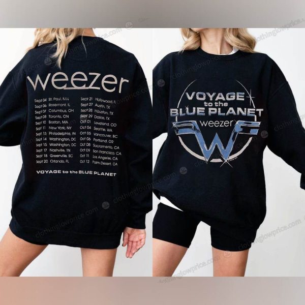 Weezer Voyage to the Blue Planet Tour Merchandise, Weezer Stylized Logo Tee with Full Concert Schedule