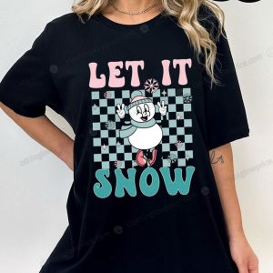 Adorable Let It Snow Sweater with Cartoon Snowman and Pastel Checkered Background 2 tshirt