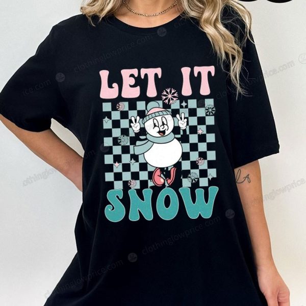 Adorable Let It Snow Sweater with Cartoon Snowman and Pastel Checkered Background