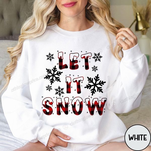 Festive Let It Snow Sweater with Buffalo Plaid Letters and Snowflakes, Perfect for Holiday Cheer