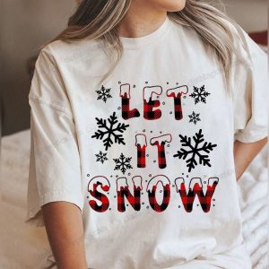 Festive Let It Snow Sweater with Buffalo Plaid Letters and Snowflakes, Perfect for Holiday Cheer