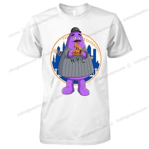 Grimace Meets New York Baseball Playful T Shirt Iconic Mascot Meets City Skyline 1 tee