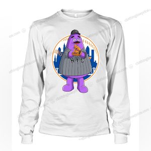 Grimace Meets New York Baseball Playful T Shirt Iconic Mascot Meets City Skyline 3 long sleeve