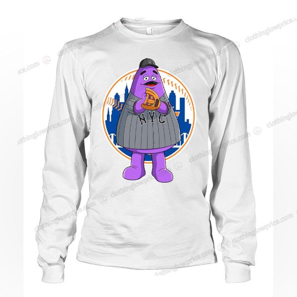 Grimace Meets New York Baseball Playful T-Shirt, Iconic Mascot Meets City Skyline