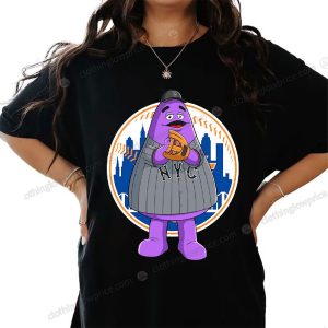 Grimace Meets New York Baseball Playful T Shirt Iconic Mascot Meets City Skyline 4 women tee