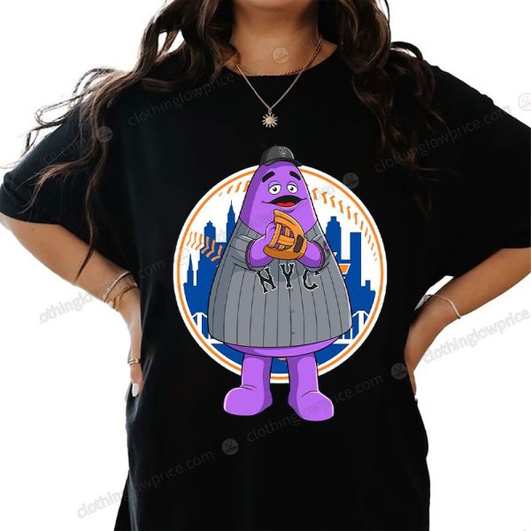 Grimace Meets New York Baseball Playful T-Shirt, Iconic Mascot Meets City Skyline