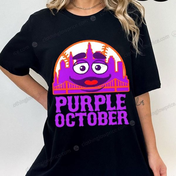 Grimace Purple October Mets Urban Skyline T-Shirt, Playful Urban October Graphic Merch