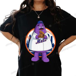 New York Mets Grimace Baseball T-Shirt, McDonald’s Purple Guy in MLB Uniform, Fun Fan Apparel