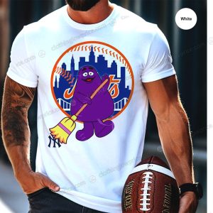 New York Mets Grimace Sweep T Shirt McDonalds Mascot with Broom Baseball Fan Apparel 1