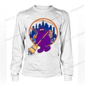 New York Mets Grimace Sweep T Shirt McDonalds Mascot with Broom Baseball Fan Apparel 3 long sleeve