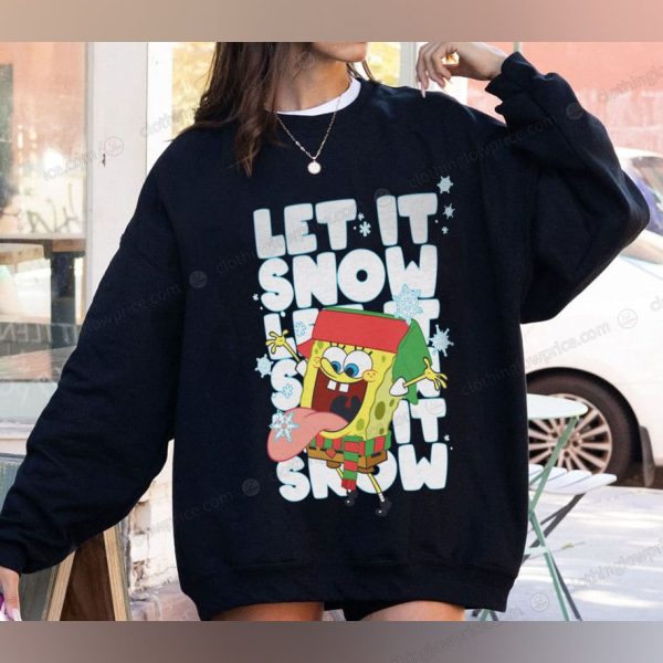 SpongeBob SquarePants Let It Snow Christmas Sweater with Winter Scarf, Hat, and Snowflakes