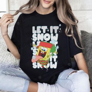 SpongeBob SquarePants Let It Snow Christmas Sweater with Winter Scarf Hat and Snowflakes 2 tshirt