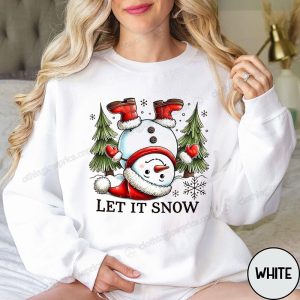 Whimsical Let It Snow Christmas Sweater Upside Down Snowman Pullover with Santa Boots 1