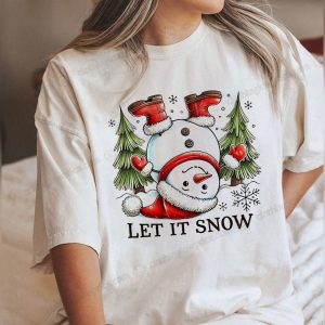 Whimsical Let It Snow Christmas Sweater Upside Down Snowman Pullover with Santa Boots 2 tshirt